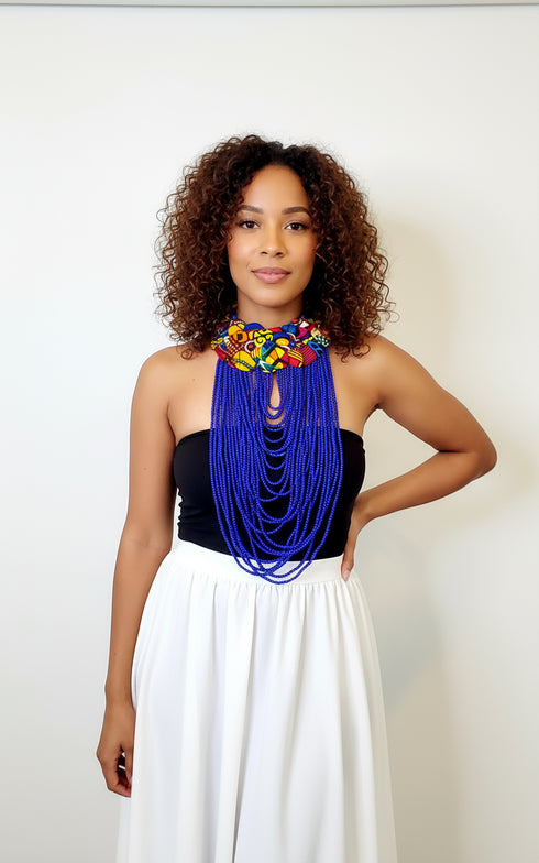 Regal Cascade Buttoned Beadwork Ankara Necklace - African Statement Choker