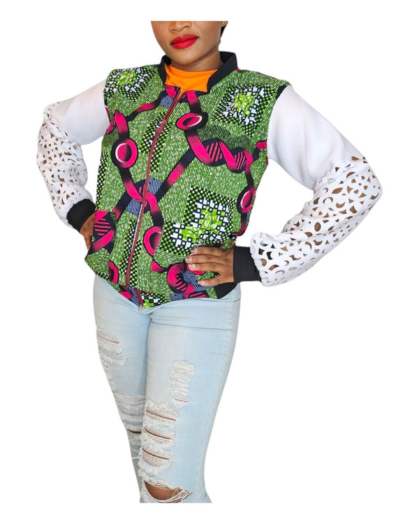 FRIMPOMAA Handmade Ankara and Mesh Scuba Bomber Jacket for Women