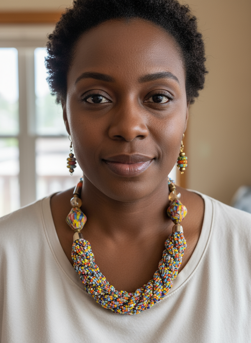 NALINI woven seed bead African statement necklace set