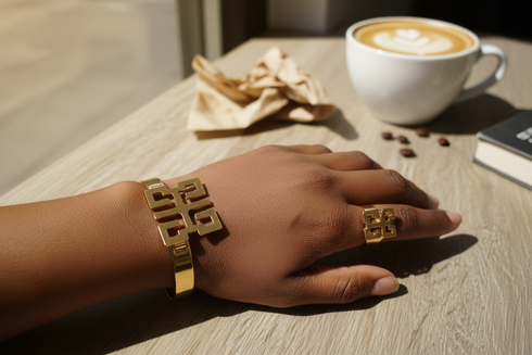 VIRTUE WO-FORO-DUA-PA Adinkra Stainless Steel Bracelet and Ring Set