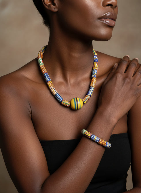Nii Unisex African bead necklace and bracelet set