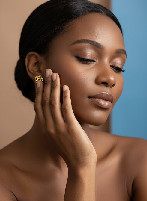 MAJESTIC GYE NYAME Adinkra Gold Stud Earrings – Moderate Handmade Women’s Jewelry