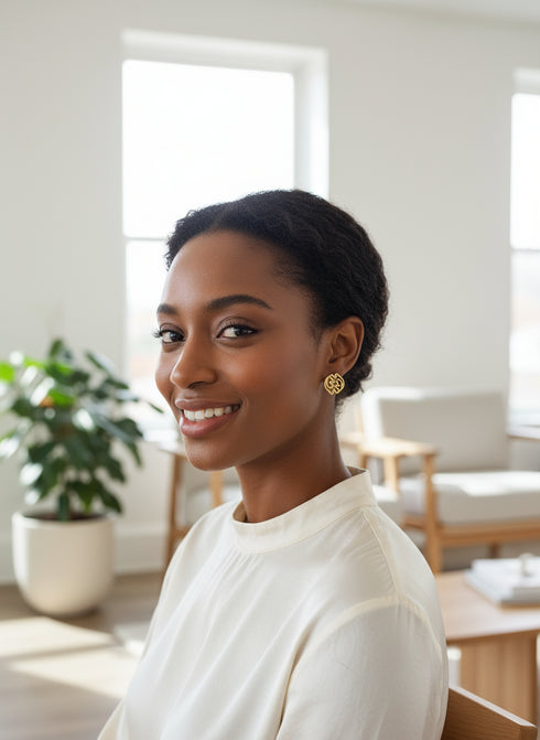 MAJESTIC GYE NYAME Adinkra Gold Stud Earrings – Moderate Handmade Women’s Jewelry