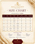 A size chart graphic for Regal Exquisite Designs, displaying a size table from XS to XXL with measurements in inches, plus a measuring guide and decorative gold ribbon borders on a cream background.