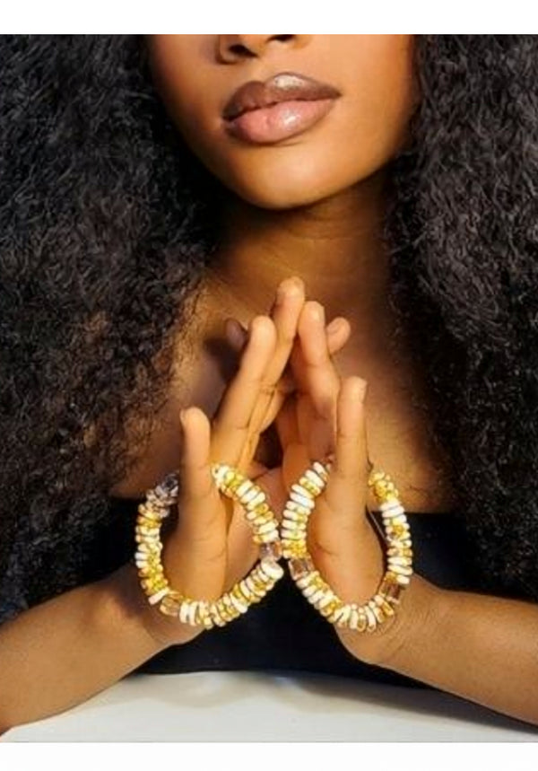 ASSIBI Handmade White and Gold Beaded Bracelet Two-Piece Set