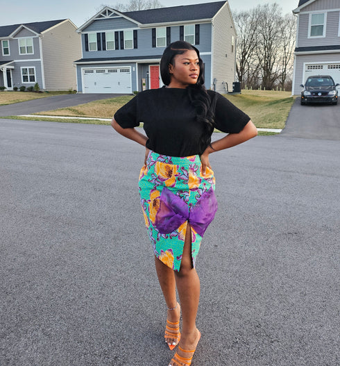 AYANA Fitted Ankara Skirt with Side Slit & Organdy Bow