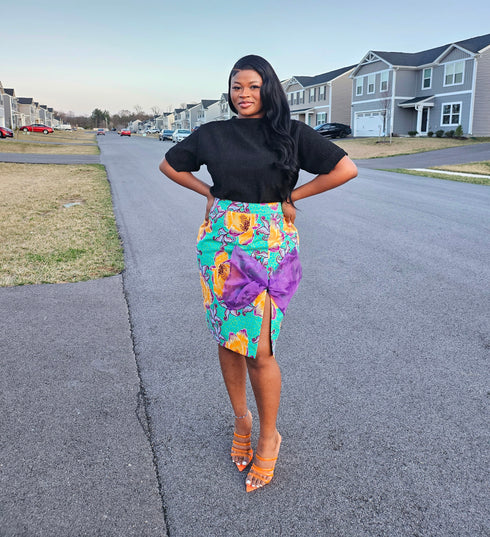AYANA Fitted Ankara Skirt with Side Slit & Organdy Bow