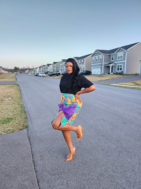 AYANA Fitted Ankara Skirt with Side Slit & Organdy Bow