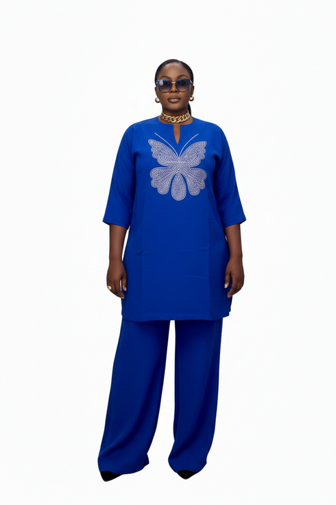 AZURIA Royal Luxe Stoned Butterfly Crystal Embellished High Quality Crepe Pants and Top Set