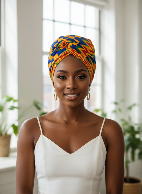 Adepa tie-on Kente Ankara Headwrap/ Headpiece scarf - one-yard duku
