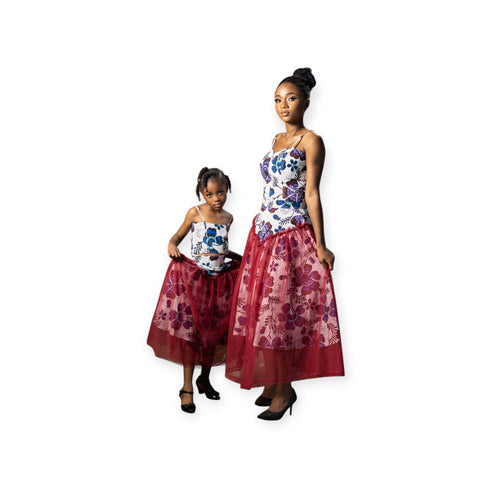 Adesewa African Print Strap Top and Organza Overlay Midi Skirt for Girls