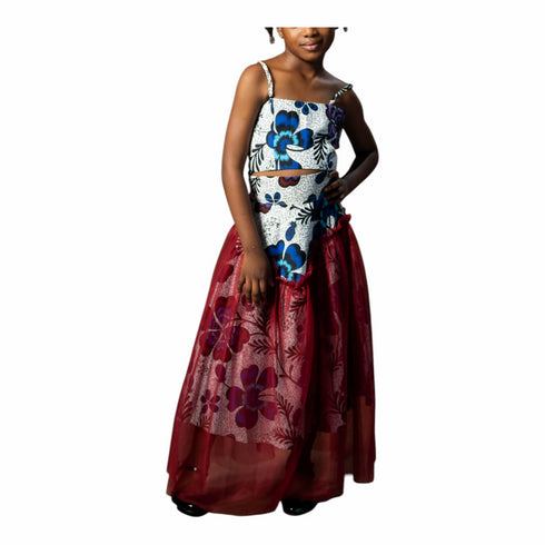 Adesewa African Print Strap Top and Organza Overlay Midi Skirt for Girls