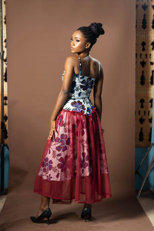 Adesewa African Print Strap Top with Organza Overlay Midi Skirt