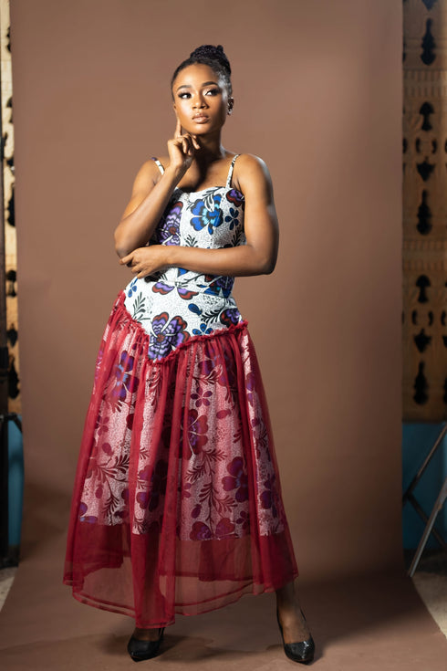 Adesewa African Print Strap Top with Organza Overlay Midi Skirt