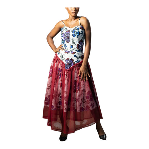 Adesewa African Print Strap Top with Organza Overlay Midi Skirt