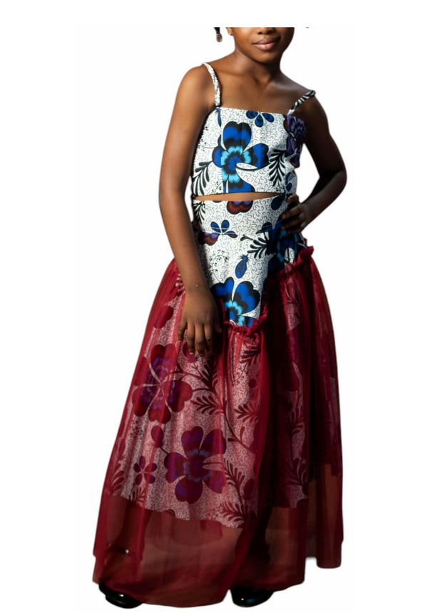 Adesewa African Print Strap Top and Organza Overlay Midi Skirt for Girls