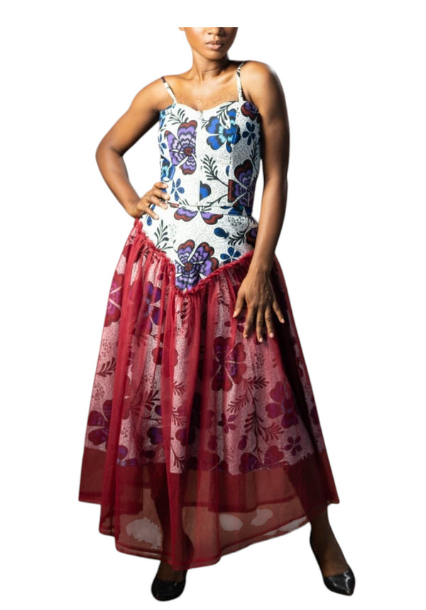 Adesewa African Print Strap Top with Organza Overlay Midi Skirt