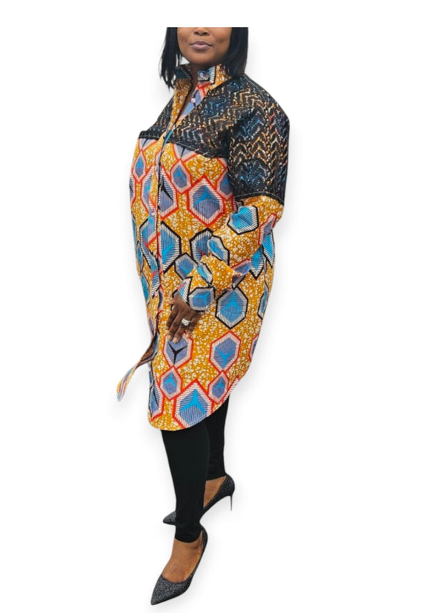 Adubea Women African Print Ankara Lace Midi Shirt Dress