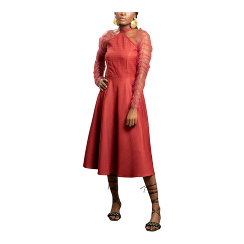 Amanyi Women Flare Dress with Long Sleeve Organza Mesh