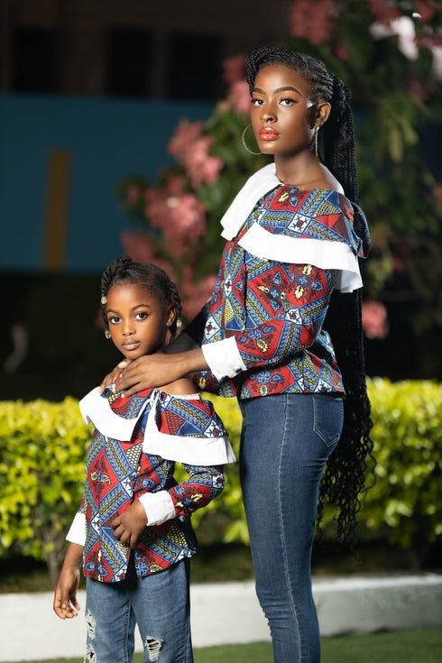 Amogelang Girl's Ankara Patchwork Blouse with White Ruffle Detail – Elegant African Print Top only