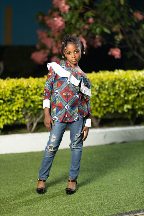 Amogelang Girl's Ankara Patchwork Blouse with White Ruffle Detail – Elegant African Print Top only