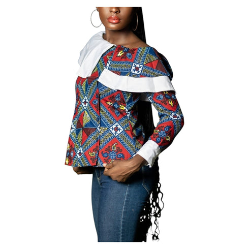 Amogelang Women’s Ankara Patchwork Blouse with White Ruffle Detail – Elegant African Print Top Only