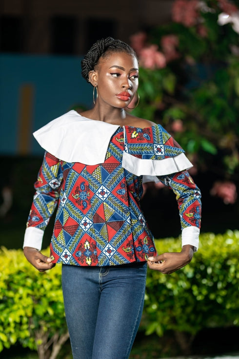 Amogelang Women’s Ankara Patchwork Blouse with White Ruffle Detail – Elegant African Print Top Only