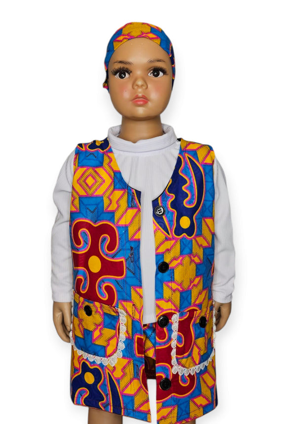 BINTU 5-Piece Baby Girl Ankara Dress Set – Vest, Blouse, Belt, Drowsy & Headband