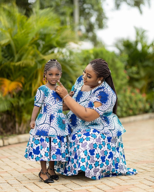 CHIDINMA Short Blue Blossom 2-Type Style Ankara Peplum Dress for Girls