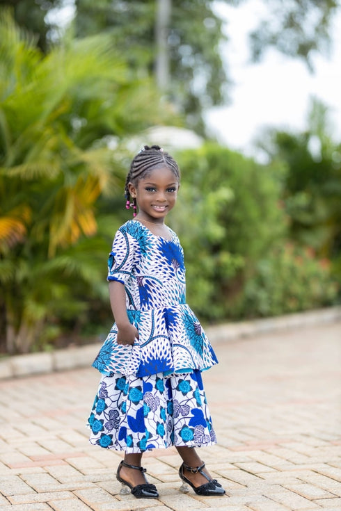 CHIDINMA Short Blue Blossom 2-Type Style Ankara Peplum Dress for Girls