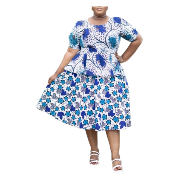CHIDINMA Short Blue Blossom 2-Type Style Ankara Peplum Dress