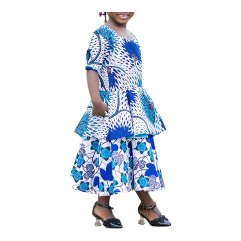 CHIDINMA Short Blue Blossom 2-Type Style Ankara Peplum Dress for Girls