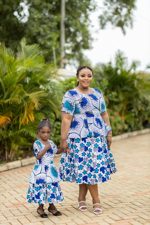 CHIDINMA Short Blue Blossom 2-Type Style Ankara Peplum Dress