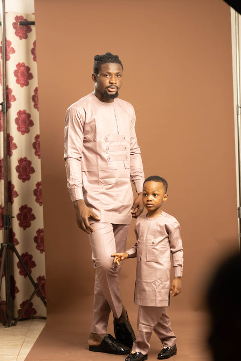 CHINEDU Prestige Handmade African Long-sleeve Senator Outfit Set for boys - Blush Pink Edition