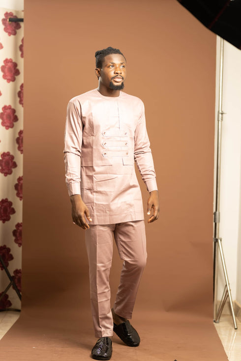 CHINEDU Prestige African Long-sleeve Men's Senator Outfit Set - Blush pink edition