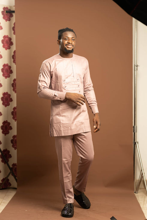 CHINEDU Prestige African Long-sleeve Men's Senator Outfit Set - Blush pink edition