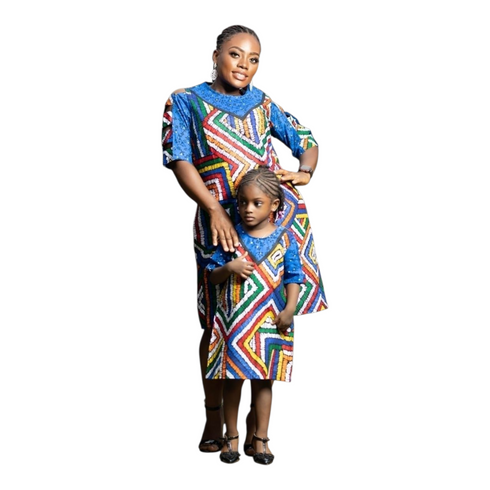 Calythea Girls Color-Block Geo Ankara Shift Dress with Embellished Yoke – Vibrant Mother’s African Elegance