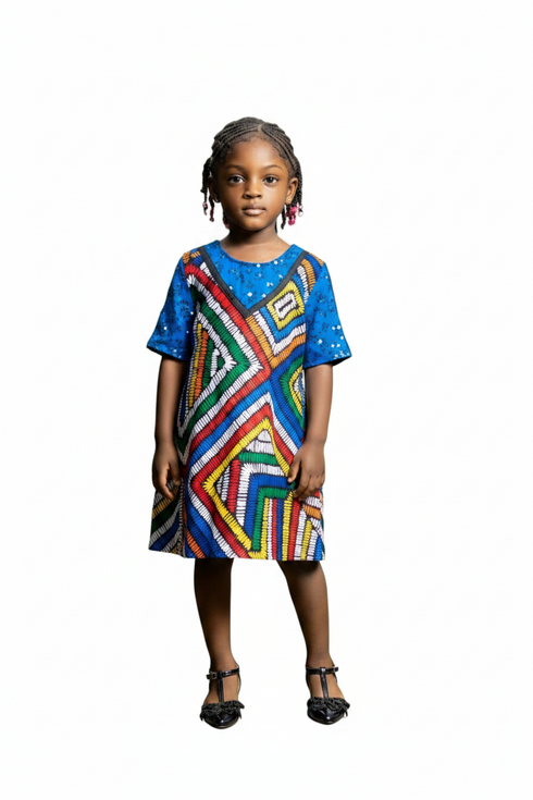 Calythea Girls Color-Block Geo Ankara Shift Dress with Embellished Yoke – Vibrant Mother’s African Elegance