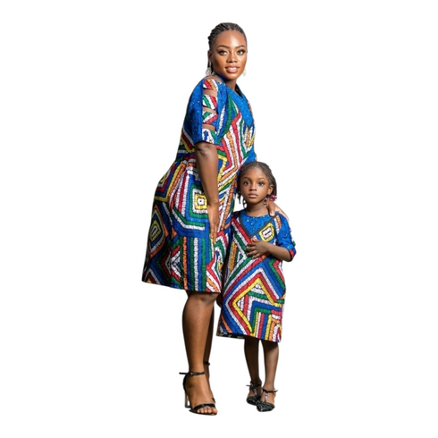 Calythea Girls Color-Block Geo Ankara Shift Dress with Embellished Yoke – Vibrant Mother’s African Elegance