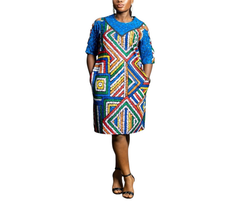 Calythea Women Color-Block Geo Ankara Shift Dress with Embellished Yoke – Vibrant Mother’s African Elegance