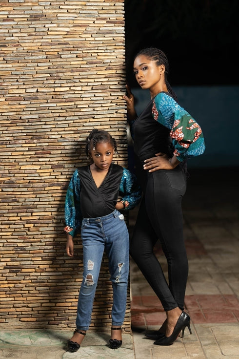 Chisomo Girl's Black Velvet V-Neck Blouse with Ankara Balloon Sleeves – Elegant African Print Top Only