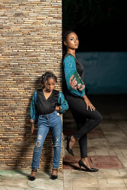 Chisomo Women’s Black Velvet V-Neck Blouse with Ankara Balloon Sleeves – Elegant African Print Top Only