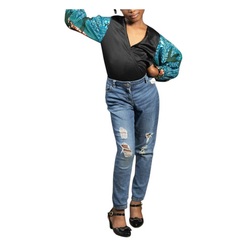 Chisomo Girl's Black Velvet V-Neck Blouse with Ankara Balloon Sleeves – Elegant African Print Top Only
