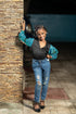 Chisomo Girl's Black Velvet V-Neck Blouse with Ankara Balloon Sleeves – Elegant African Print Top Only