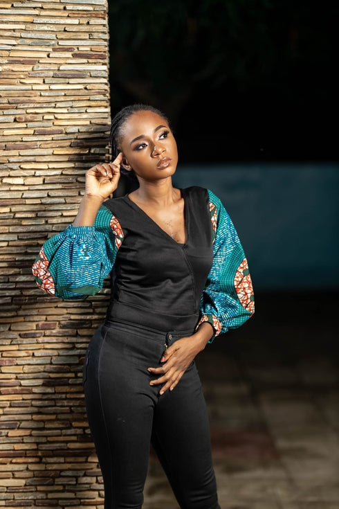 Chisomo Women’s Black Velvet V-Neck Blouse with Ankara Balloon Sleeves – Elegant African Print Top Only