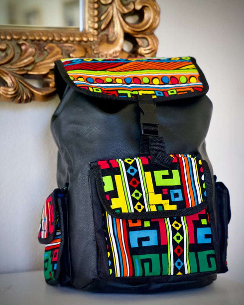 Djembe Rhythm Explorer Backpack Collection - Full Leather Backpack with Ankara Accent Closure