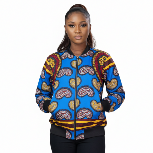 DUMISA Ankara Goldloom Bold African Print UNISEX Adult Bomber Jacket Only