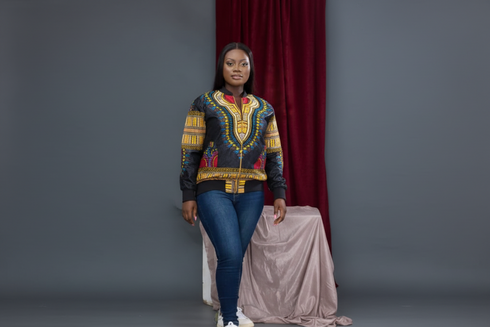 DUMISA Ankara Goldloom Bold African Print UNISEX Adult Bomber Jacket Only
