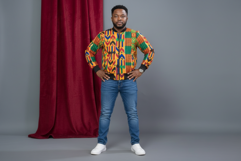 DUMISA Ankara Goldloom Bold African Print UNISEX Adult Bomber Jacket Only