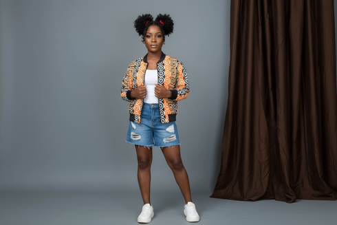 DUMISA Ankara Goldloom Bold African Print UNISEX Adult Bomber Jacket Only